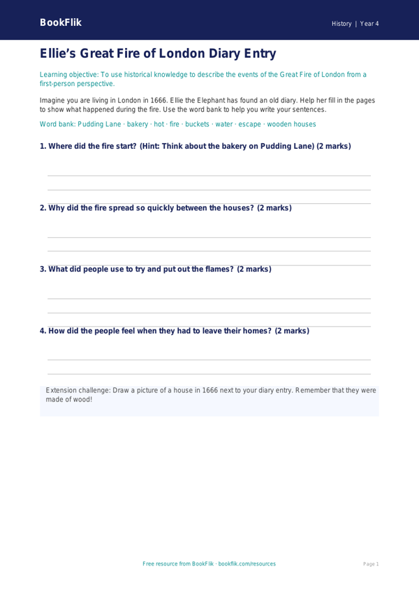 Free Great Fire Of London Template | Year 4 Supported | BookFlik worksheet preview — History Great Fire Of London