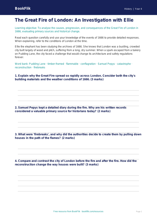 Free Great Fire Of London Worksheet | Year 4 Greater Depth | BookFlik worksheet preview — History Great Fire Of London