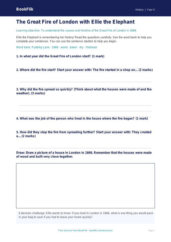 Free Great Fire Of London Worksheet | Year 4 Supported | BookFlik worksheet preview — History Great Fire Of London