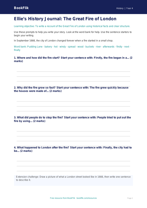 Free Great Fire Of London Writing Frame | Year 4 Supported | BookFlik worksheet preview — History Great Fire Of London