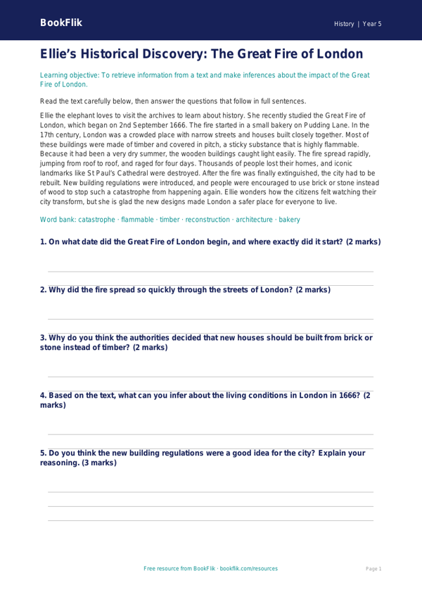 Free Great Fire Of London Comprehension | Year 5 Core | BookFlik worksheet preview — History Great Fire Of London