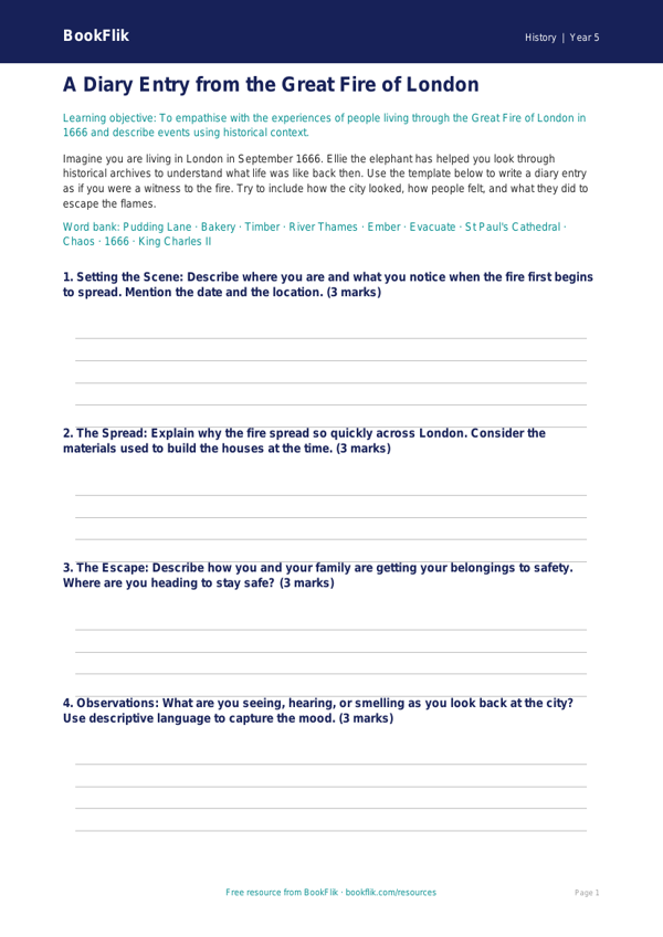 Free Great Fire Of London Template | Year 5 Core | BookFlik worksheet preview — History Great Fire Of London
