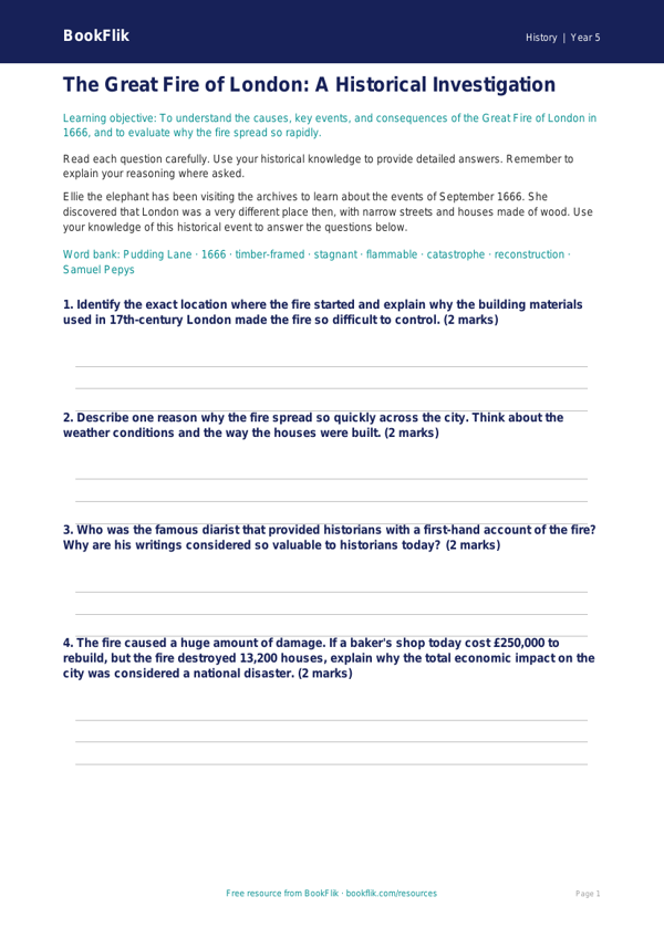 Free Great Fire Of London Worksheet | Year 5 Core | BookFlik worksheet preview — History Great Fire Of London