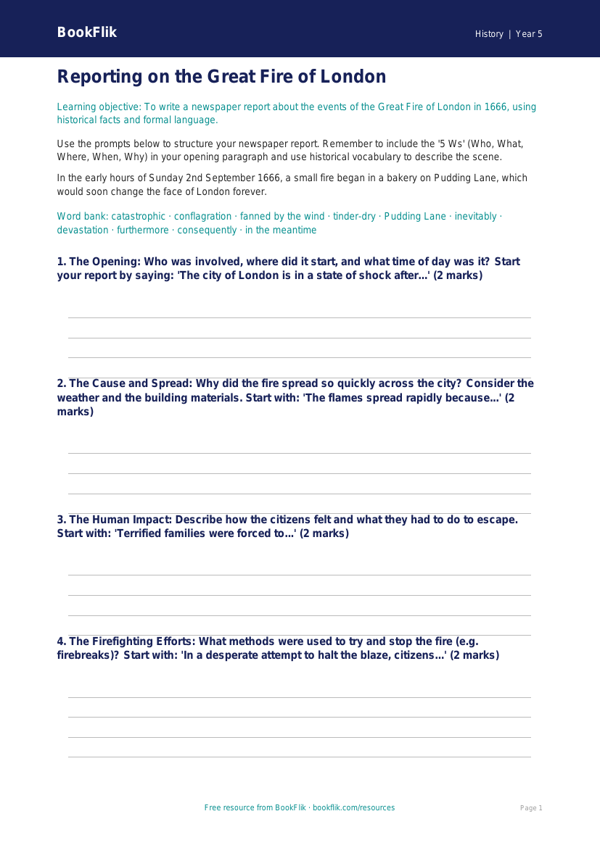 Free Great Fire Of London Writing Frame | Year 5 Core | BookFlik worksheet preview — History Great Fire Of London