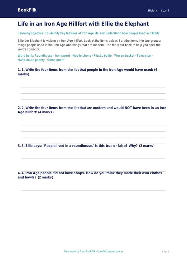 Free Iron Age Activity Sheet | Year 4 Supported | BookFlik worksheet preview — History Iron Age