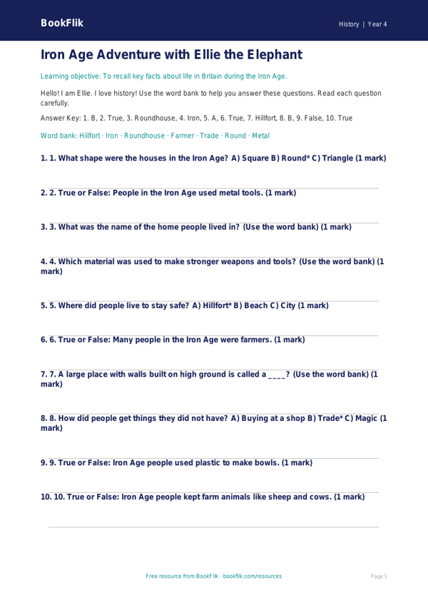 Free Iron Age Quiz | Year 4 Supported | BookFlik worksheet preview — History Iron Age