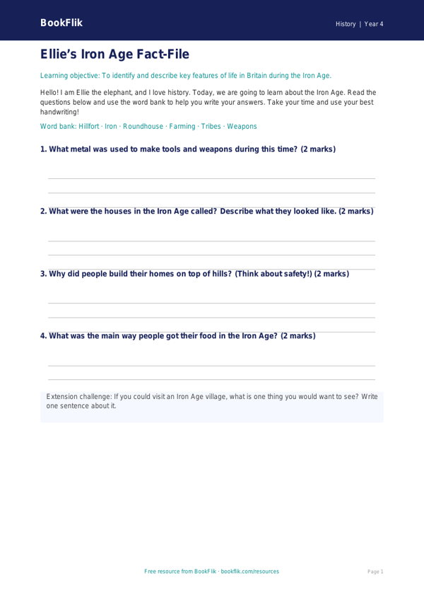 Free Iron Age Worksheet | Year 4 History Activity | BookFlik worksheet preview — History Iron Age