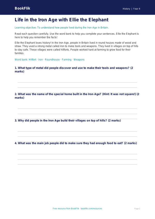 Free Iron Age Worksheet | Year 4 Supported | BookFlik worksheet preview — History Iron Age