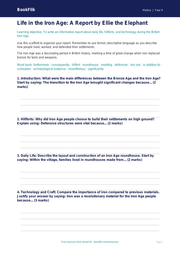 Free Iron Age Writing Frame | Year 4 Greater Depth | BookFlik worksheet preview — History Iron Age