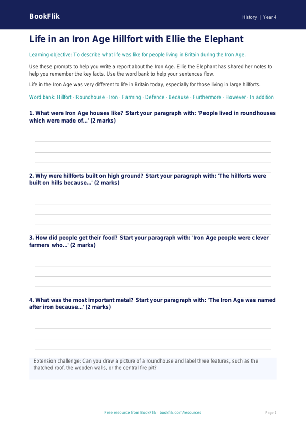 Free Iron Age Writing Frame | Year 4 Supported | BookFlik worksheet preview — History Iron Age