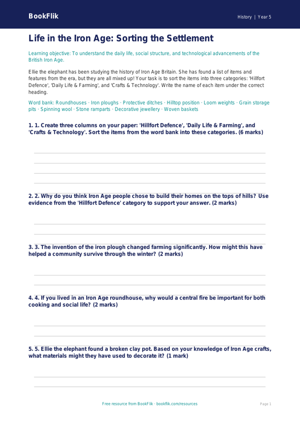 Free Iron Age Activity Sheet | Year 5 Core | BookFlik worksheet preview — History Iron Age
