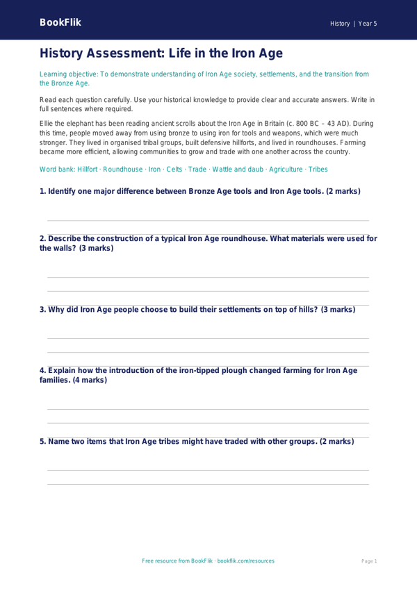 Free Iron Age Assessment | Year 5 Core | BookFlik worksheet preview — History Iron Age