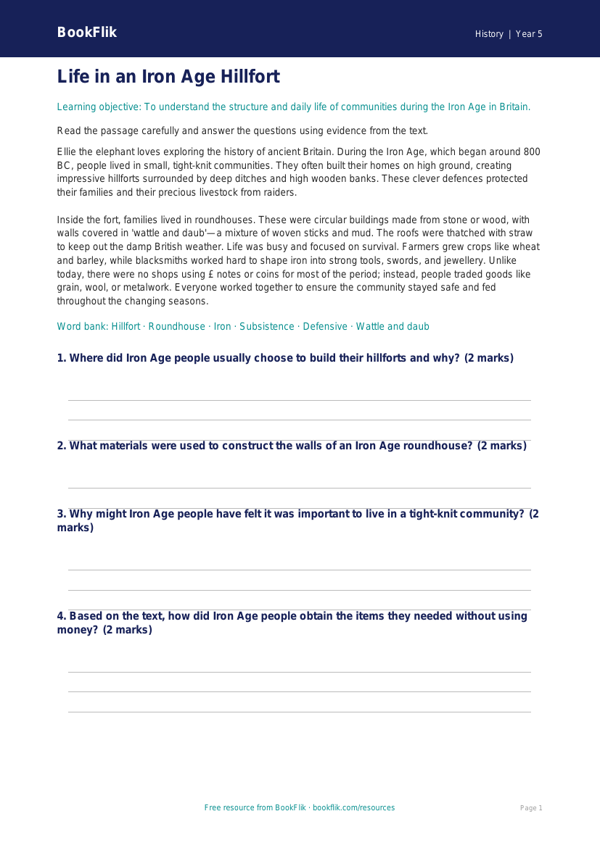 Free Iron Age Comprehension | Year 5 Core | BookFlik worksheet preview — History Iron Age