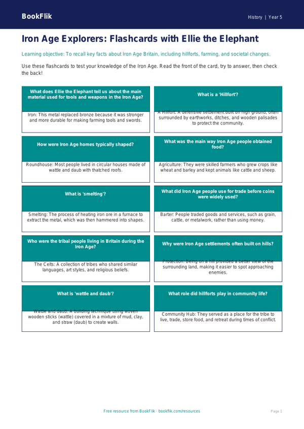 Free Iron Age Flashcards | Year 5 Core | BookFlik worksheet preview — History Iron Age
