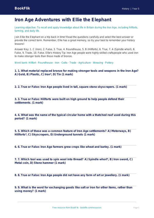 Free Iron Age Quiz | Year 5 Core | BookFlik worksheet preview — History Iron Age