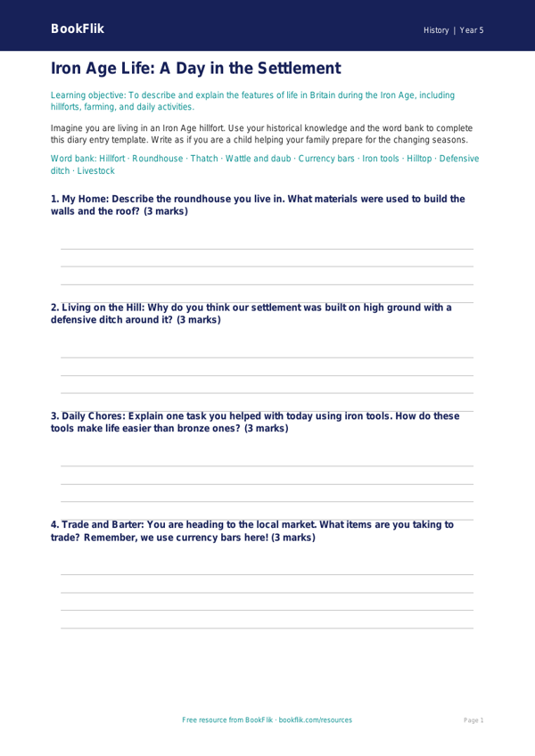 Free Iron Age Worksheet | Year 5 History Resource | BookFlik worksheet preview — History Iron Age