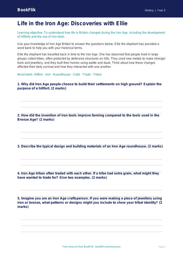 Free Iron Age Worksheet | Year 5 Core | BookFlik worksheet preview — History Iron Age