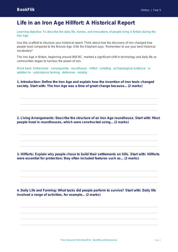 Free Iron Age Writing Frame | Year 5 Core | BookFlik worksheet preview — History Iron Age