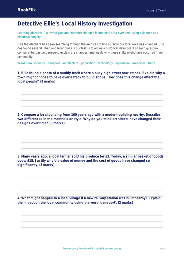 Free Local History Activity Sheet | Year 4 Greater Depth | BookFlik worksheet preview — History Local History