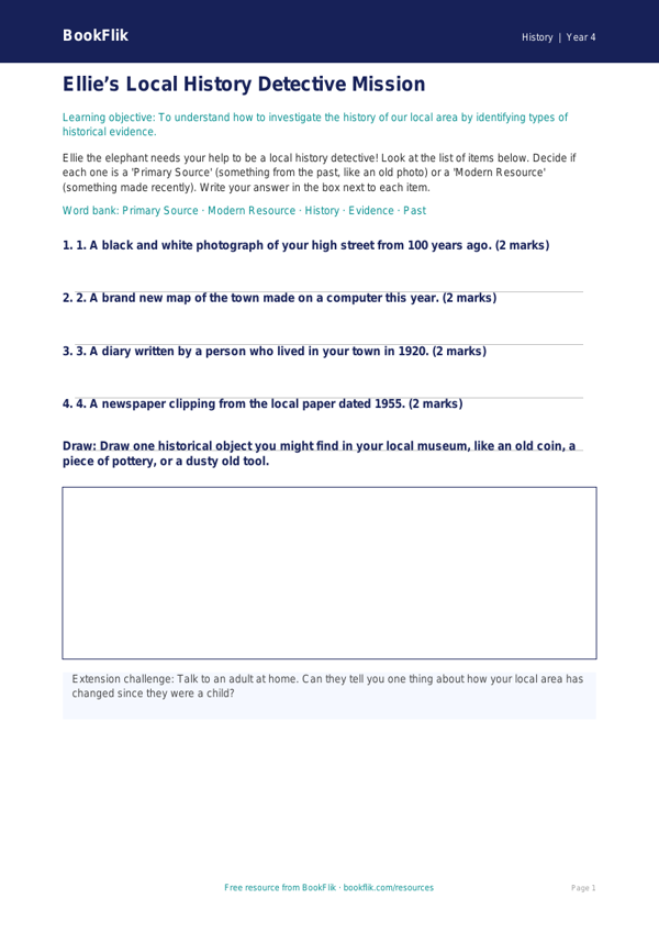 Free Local History Activity Sheet | Year 4 Supported | BookFlik worksheet preview — History Local History