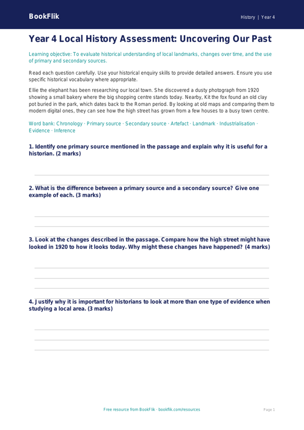 Free Local History Assessment | Year 4 Greater Depth | BookFlik worksheet preview — History Local History