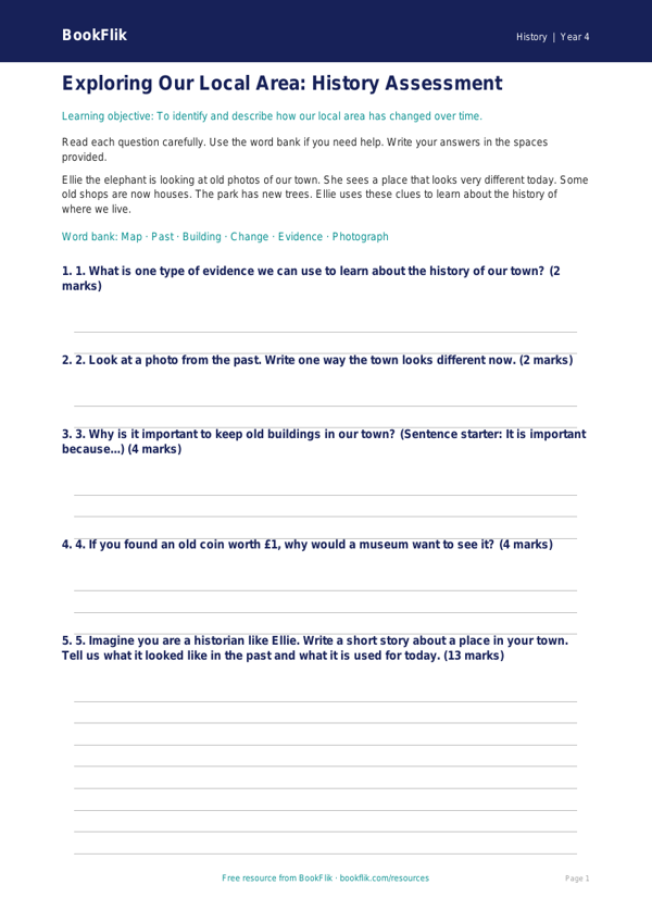 Free Local History Assessment | Year 4 Supported | BookFlik worksheet preview — History Local History