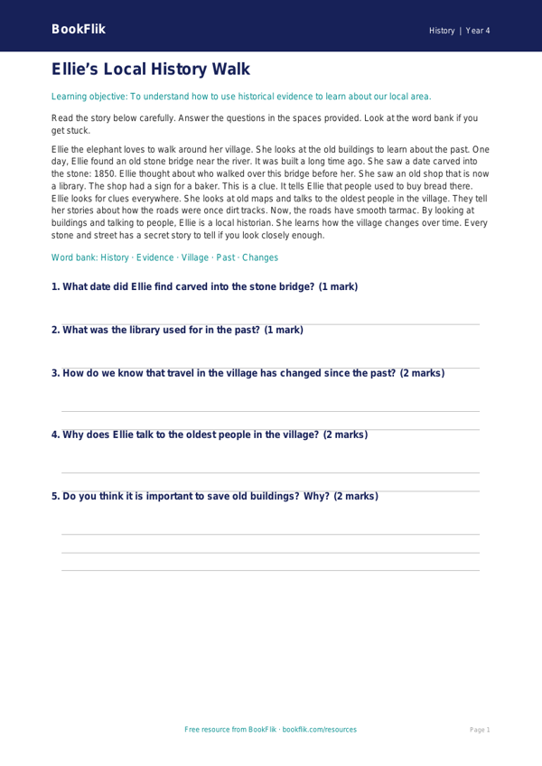 Free Local History Comprehension | Year 4 Supported | BookFlik worksheet preview — History Local History