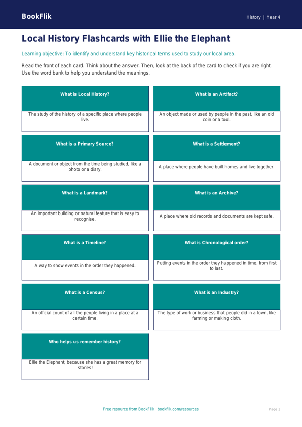 Free Local History Flashcards | Year 4 Supported | BookFlik worksheet preview — History Local History