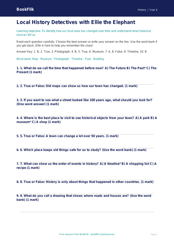 Free Local History Quiz | Year 4 Supported | BookFlik worksheet preview — History Local History