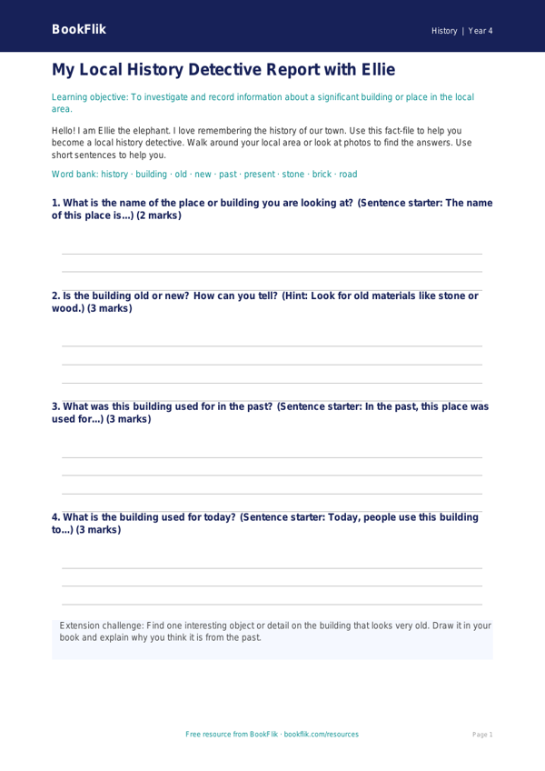 Free Local History Template | Year 4 Supported | BookFlik worksheet preview — History Local History