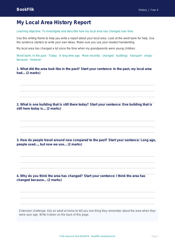Free Local History Writing Frame | Year 4 Supported | BookFlik worksheet preview — History Local History