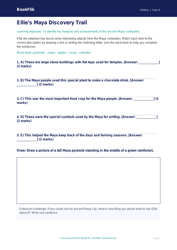 Free Maya Civilisation Activity Sheet | Year 4 Supported | BookFlik worksheet preview — History Maya Civilisation