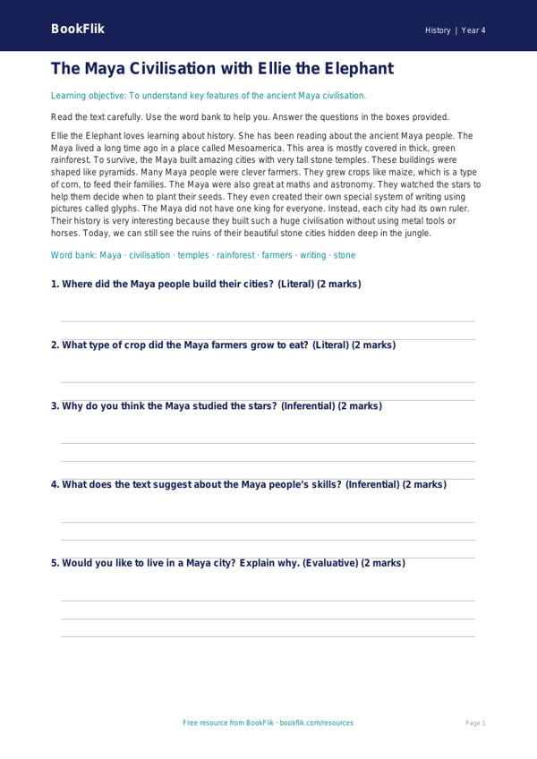 Free Maya Civilisation Comprehension | Year 4 Supported | BookFlik worksheet preview — History Maya Civilisation