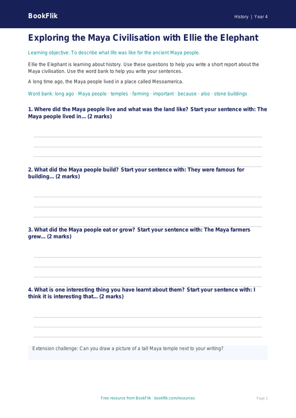 Free Maya Civilisation Writing Frame | Year 4 Supported | BookFlik worksheet preview — History Maya Civilisation