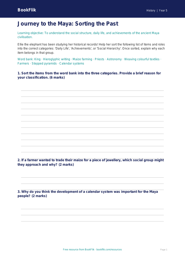Free Maya Civilisation Activity Sheet | Year 5 Core | BookFlik worksheet preview — History Maya Civilisation