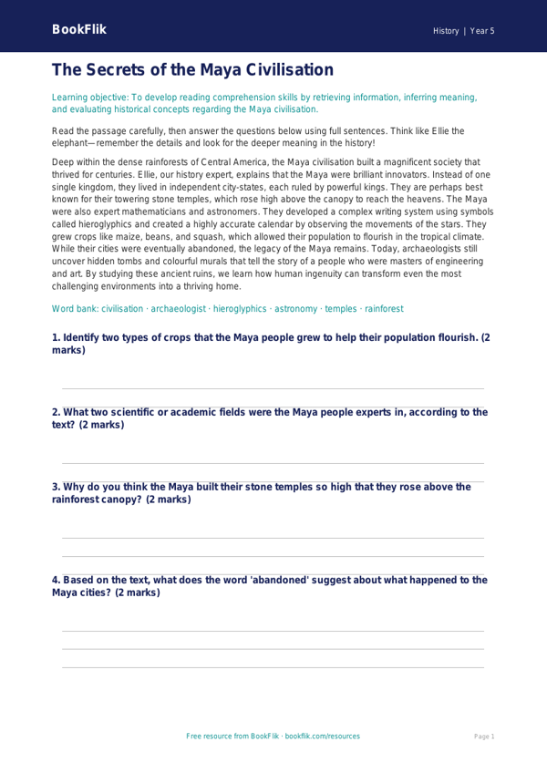 Free Maya Civilisation Comprehension | Year 5 Core | BookFlik worksheet preview — History Maya Civilisation