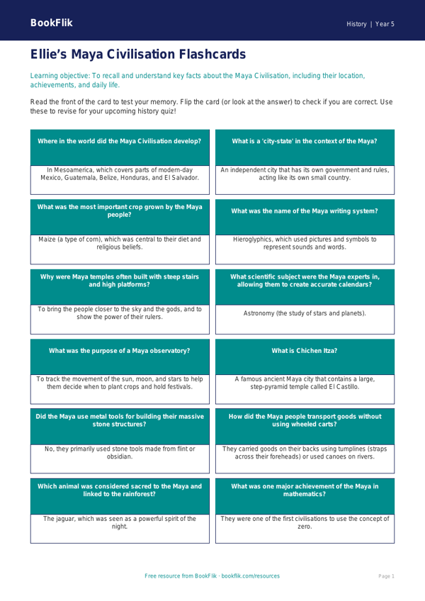 Free Maya Civilisation Flashcards | Year 5 Core | BookFlik worksheet preview — History Maya Civilisation