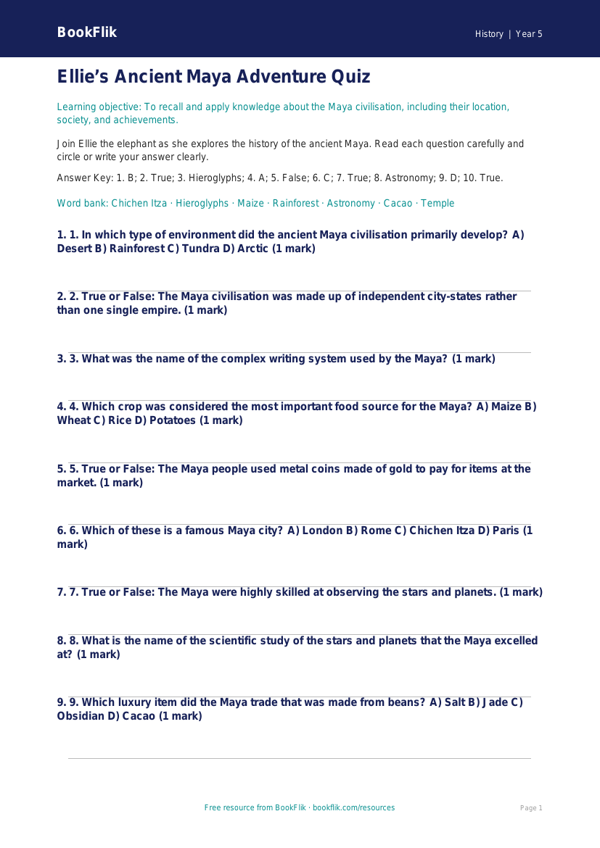 Free Maya Civilisation Quiz | Year 5 Core | BookFlik worksheet preview — History Maya Civilisation