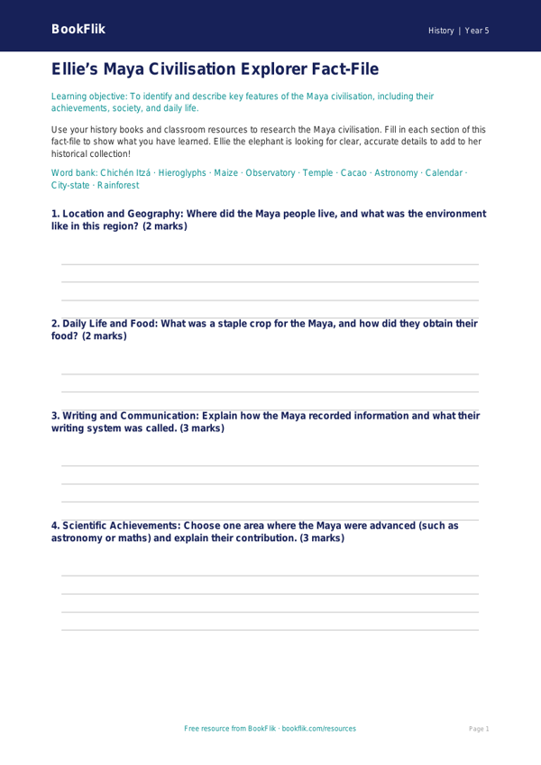Free Maya Civilisation Template | Year 5 Core | BookFlik worksheet preview — History Maya Civilisation