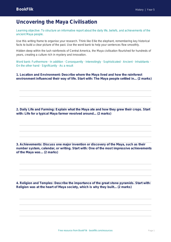 Free Maya Civilisation Writing Frame | Year 5 Core | BookFlik worksheet preview — History Maya Civilisation