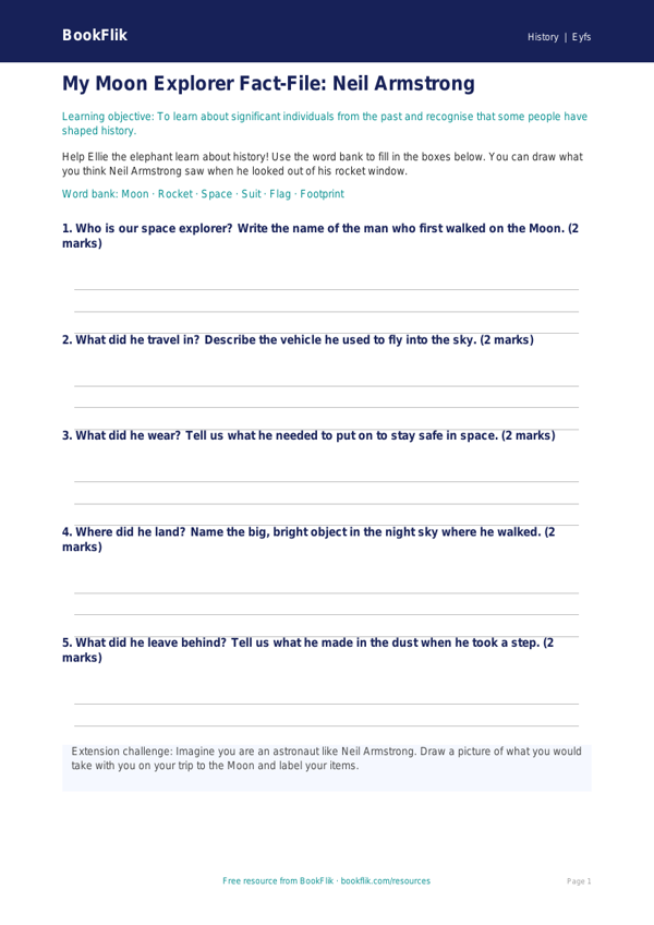 Free Neil Armstrong Worksheet for EYFS | Space Lesson Plan | BookFlik worksheet preview — History Neil Armstrong