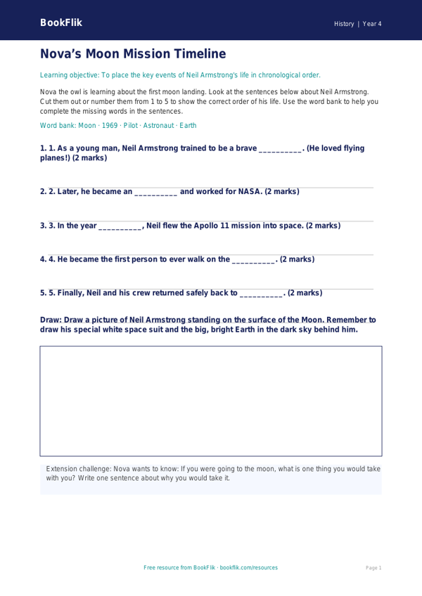 Free Neil Armstrong Activity Sheet | Year 4 Supported | BookFlik worksheet preview — History Neil Armstrong