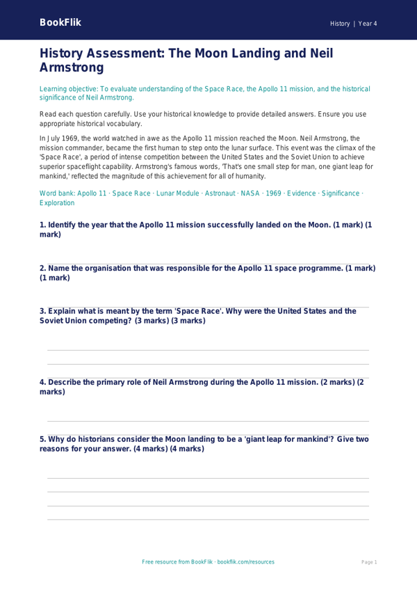 Free Neil Armstrong Assessment | Year 4 Greater Depth | BookFlik worksheet preview — History Neil Armstrong