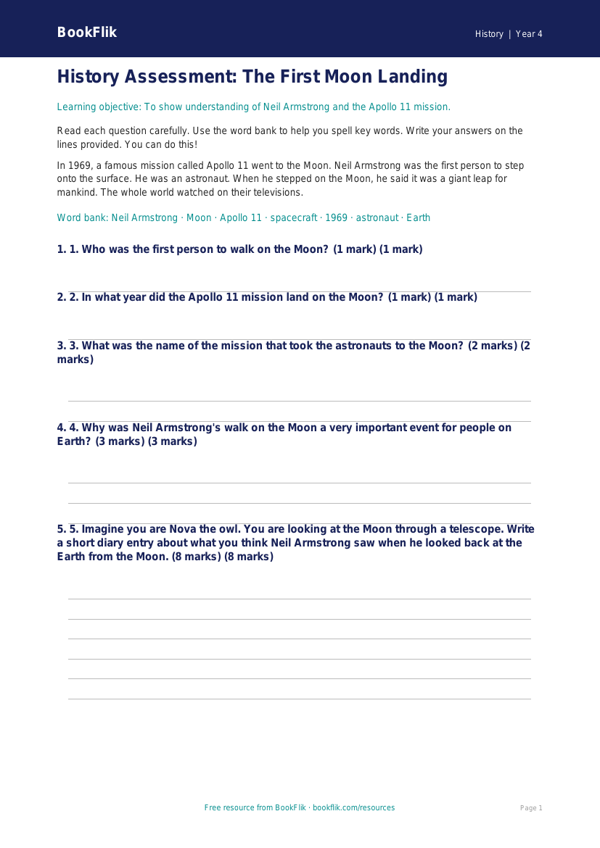 Free Neil Armstrong Assessment | Year 4 Supported | BookFlik worksheet preview — History Neil Armstrong