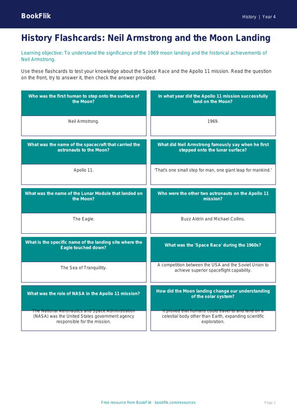 Free Neil Armstrong Flashcards | Year 4 Greater Depth | BookFlik worksheet preview — History Neil Armstrong