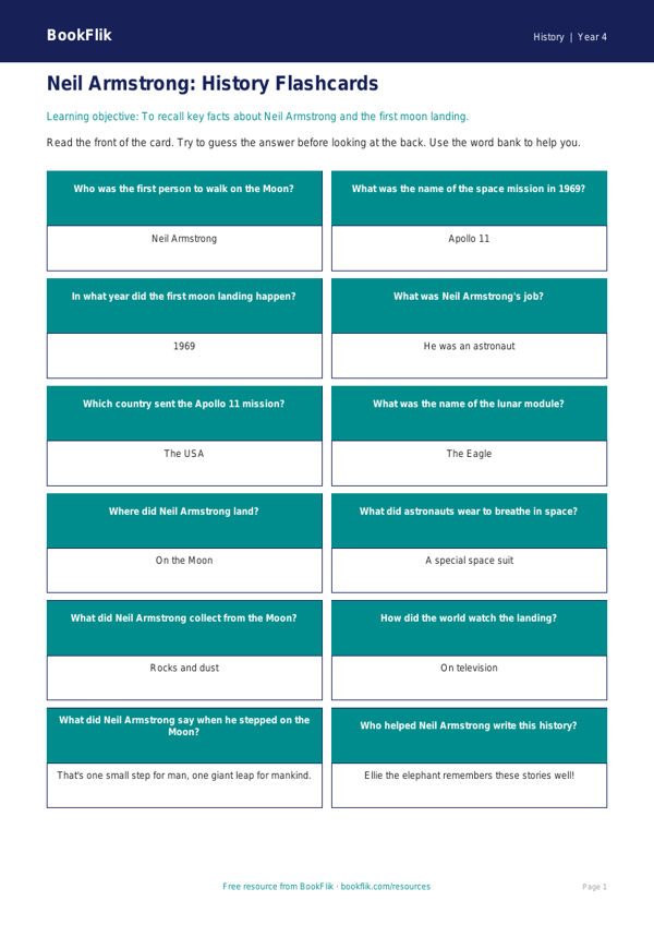 Free Neil Armstrong Flashcards | Year 4 Supported | BookFlik worksheet preview — History Neil Armstrong