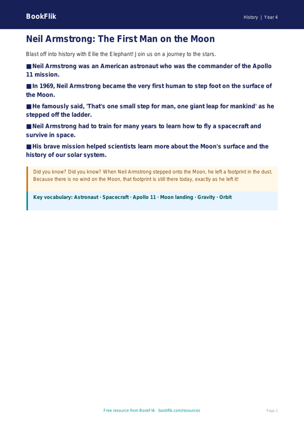 Free Neil Armstrong Poster | Year 4 Supported | BookFlik worksheet preview — History Neil Armstrong