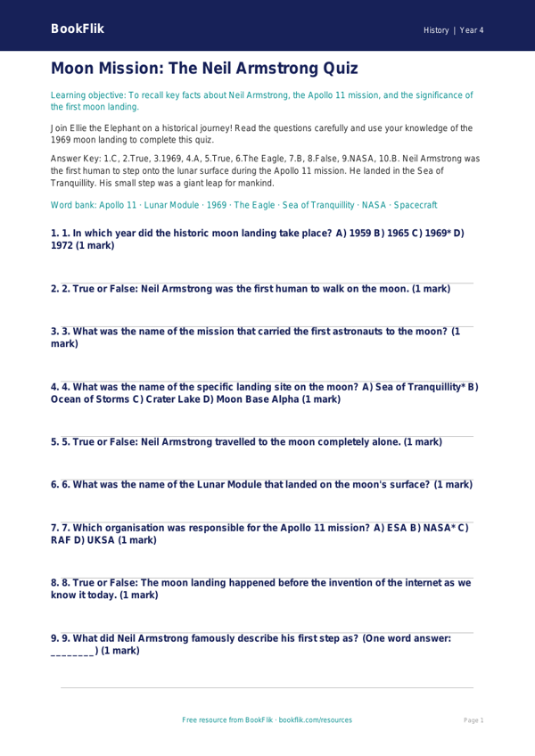 Free Neil Armstrong Quiz | Year 4 Greater Depth | BookFlik worksheet preview — History Neil Armstrong