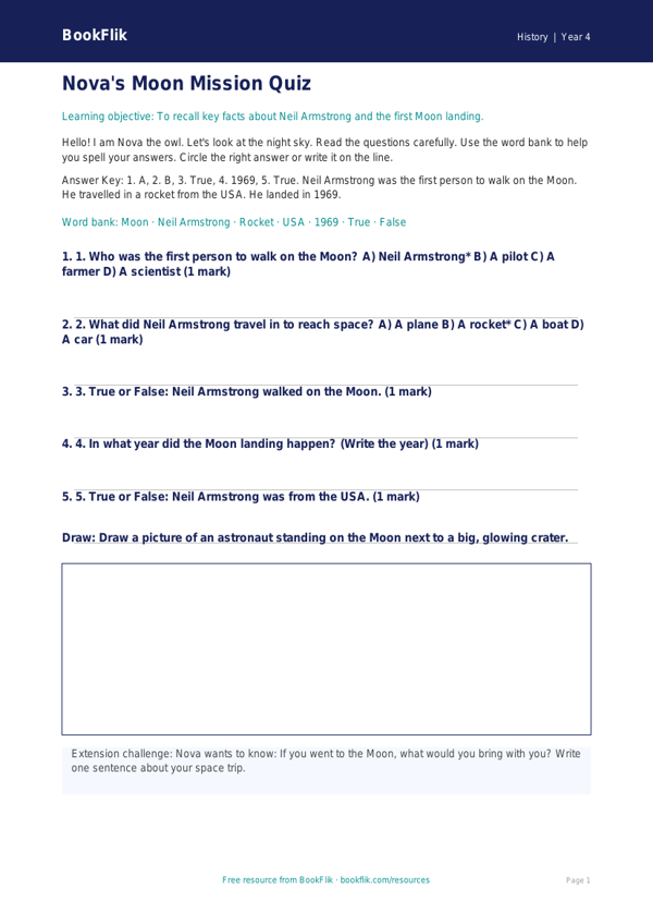 Free Neil Armstrong Quiz | Year 4 Supported | BookFlik worksheet preview — History Neil Armstrong
