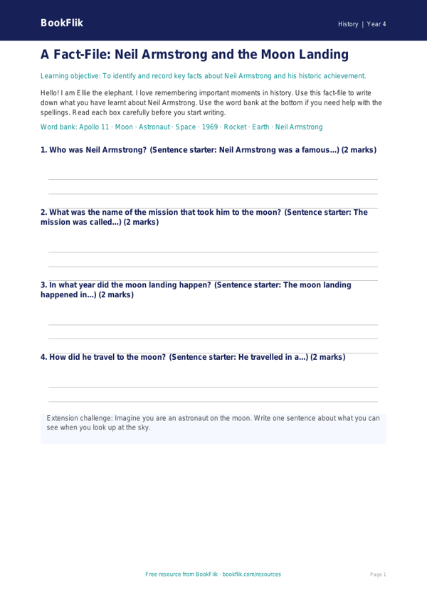 Free Neil Armstrong Worksheet | Year 4 History Activity | BookFlik worksheet preview — History Neil Armstrong